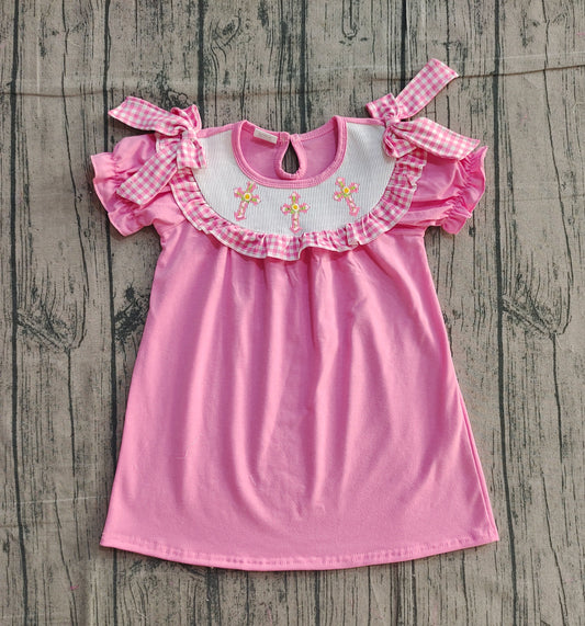Pink short sleeves cross kids girls Easter dresses