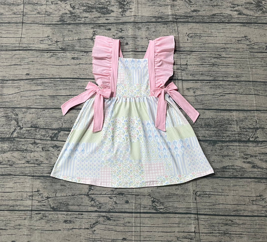 Pink flutter sleeves bow floral kids girls spring dress