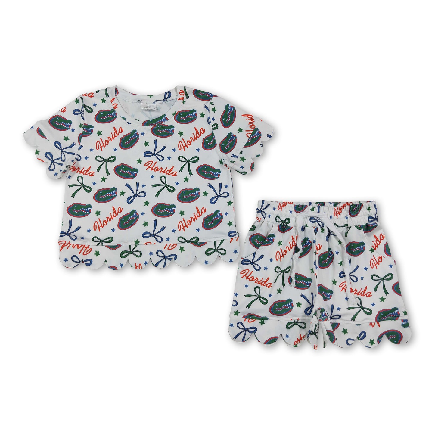 Short sleeves crocodile bow scallop girls team outfits