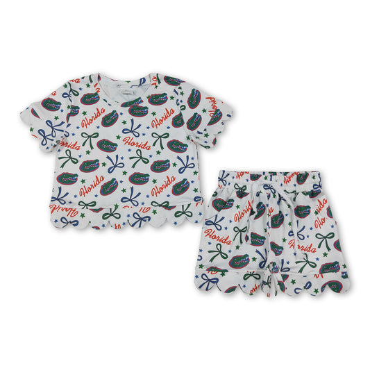 Short sleeves crocodile bow scallop girls team outfits