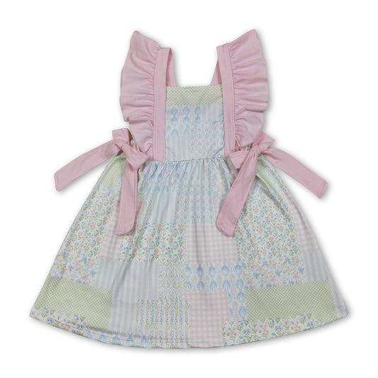 Pink flutter sleeves bow floral kids girls spring dress