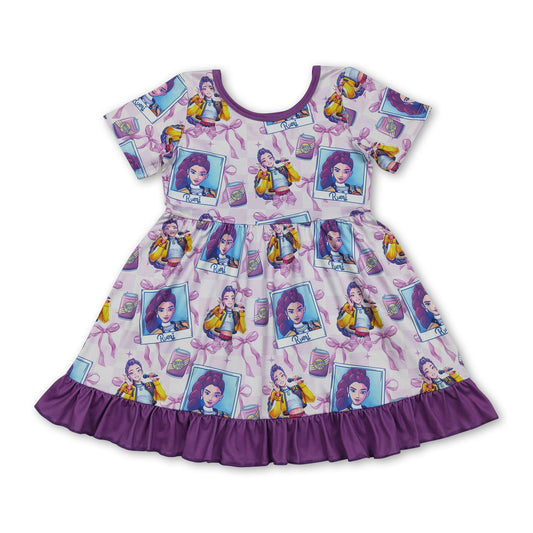 Short sleeves purple ruffle bow music girls dresses