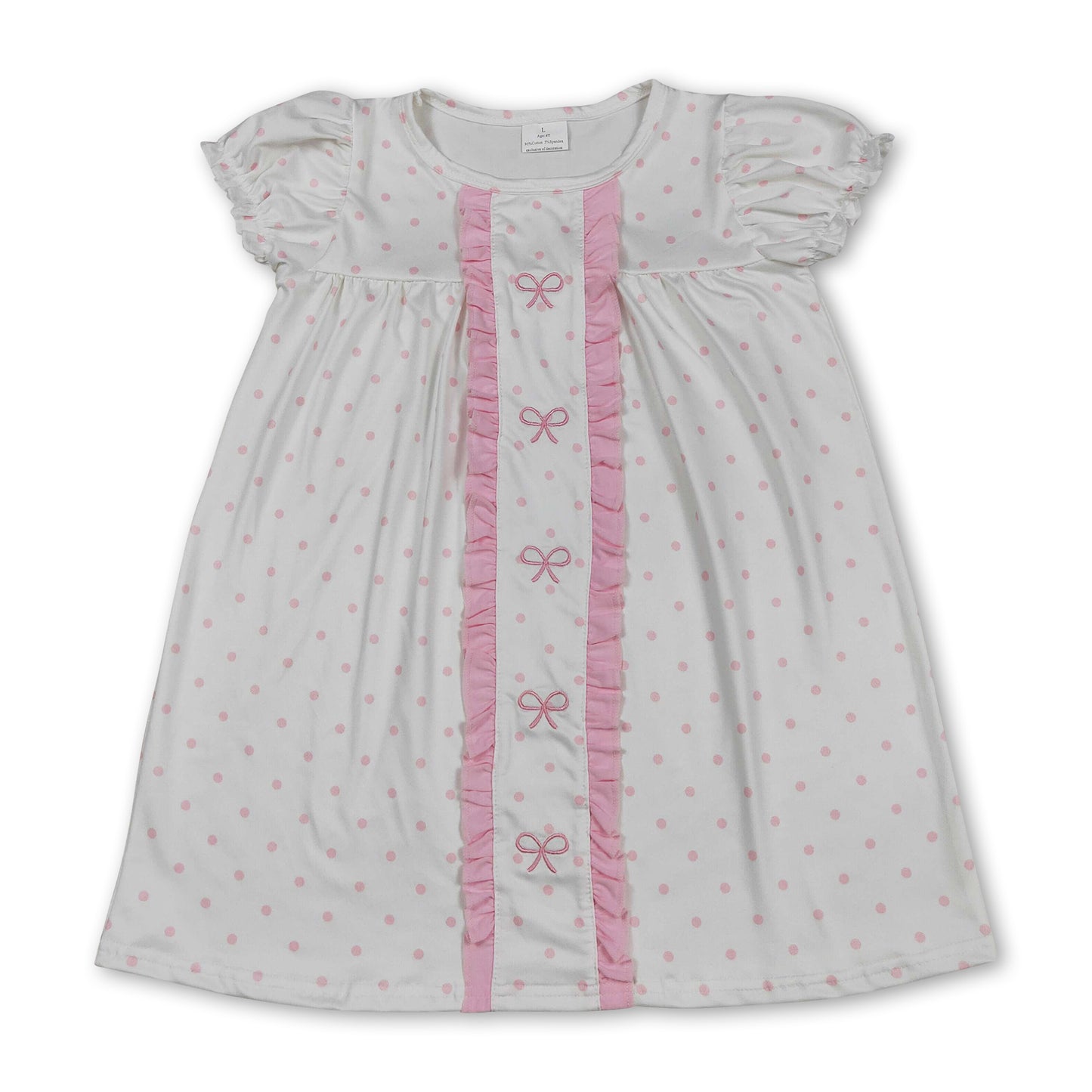 Short sleeves pink polka dots bow embroidery girls dresses