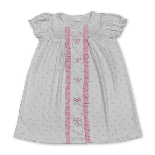 Short sleeves pink polka dots bow embroidery girls dresses
