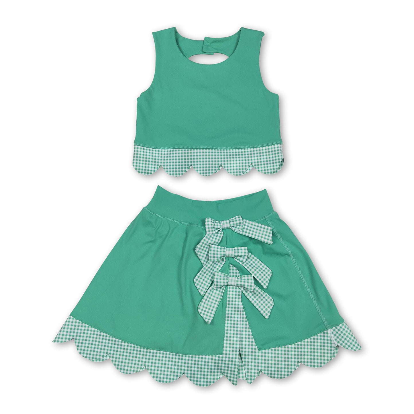 Scallop green crop top plaid bow skirt kids girls active set