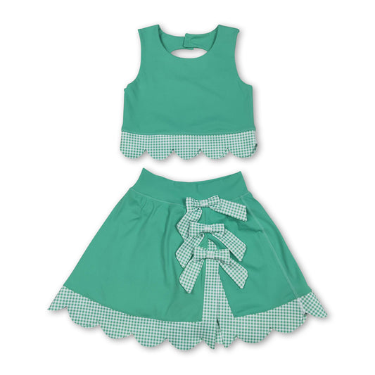 Scallop green crop top plaid bow skirt kids girls active set