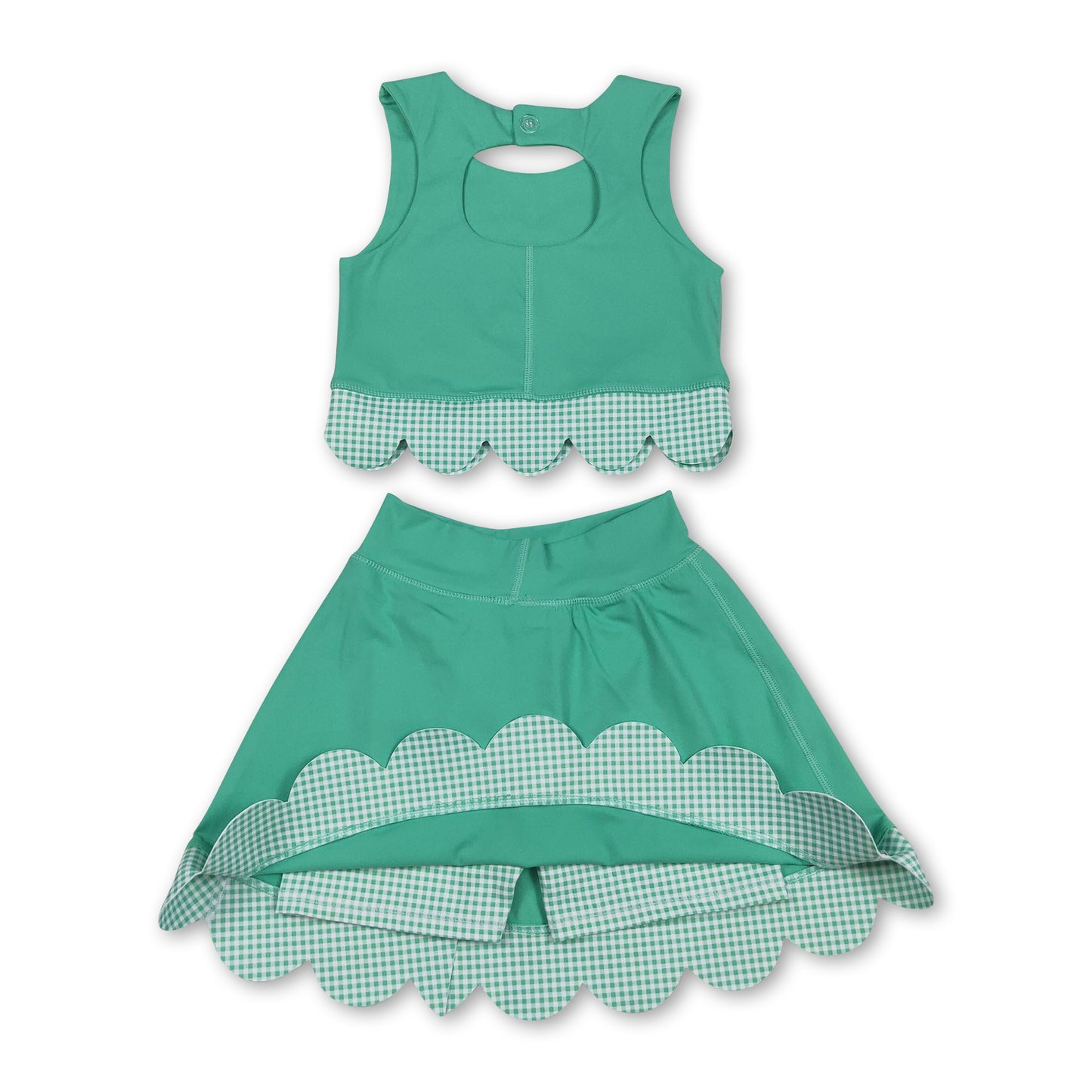 Scallop green crop top plaid bow skirt kids girls active set
