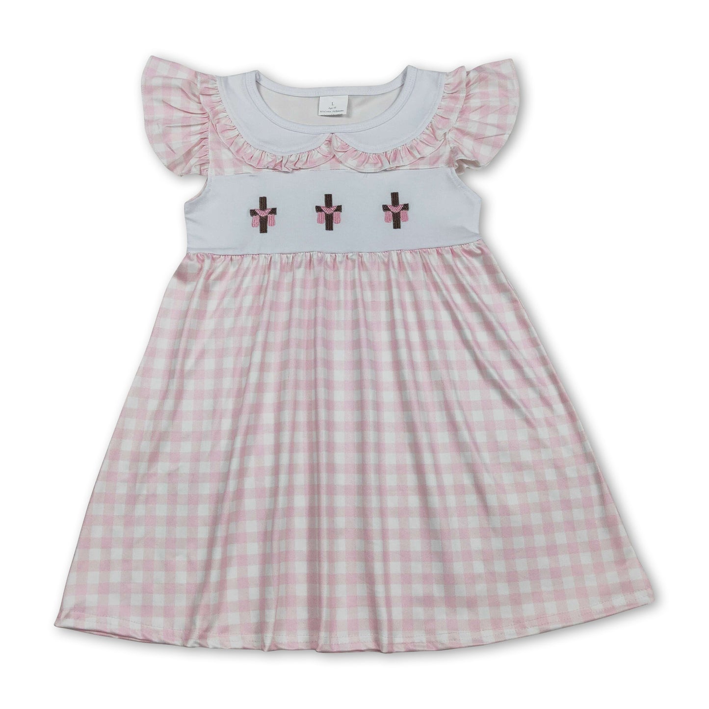 Pink plaid flutter sleeves cross embroidery girls Easter dress