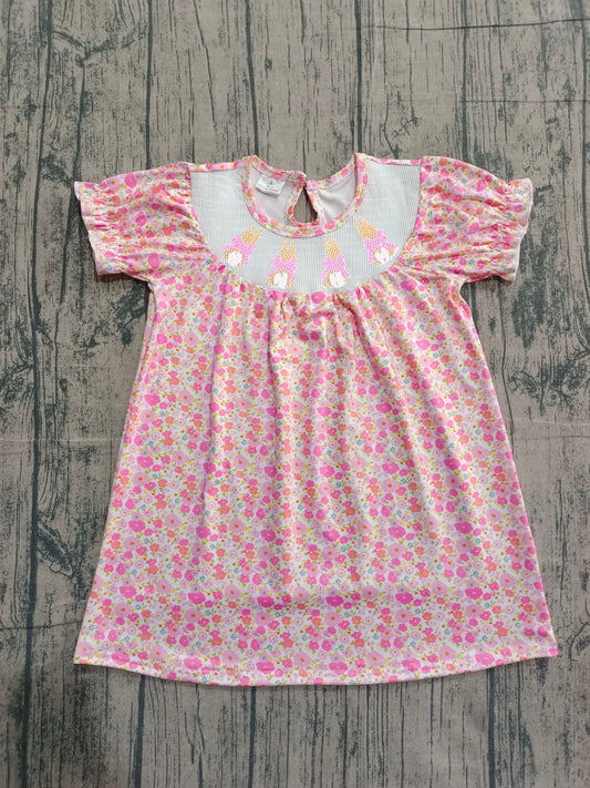 Short sleeves pink floral rabbit smocked girl Easter dress