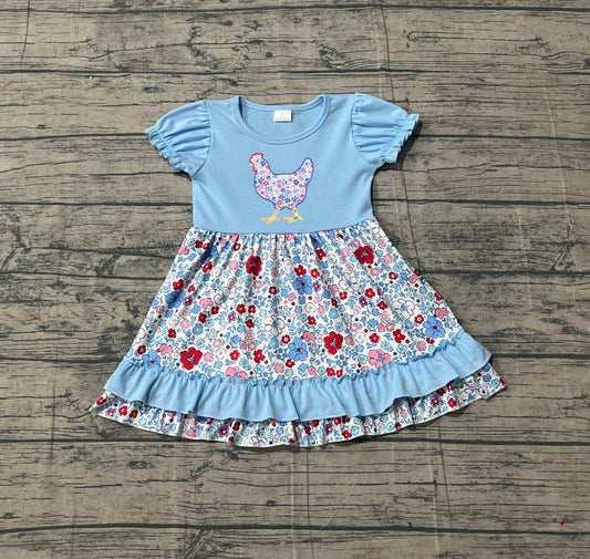 Short sleeves floral chicken ruffle kids girls dresses