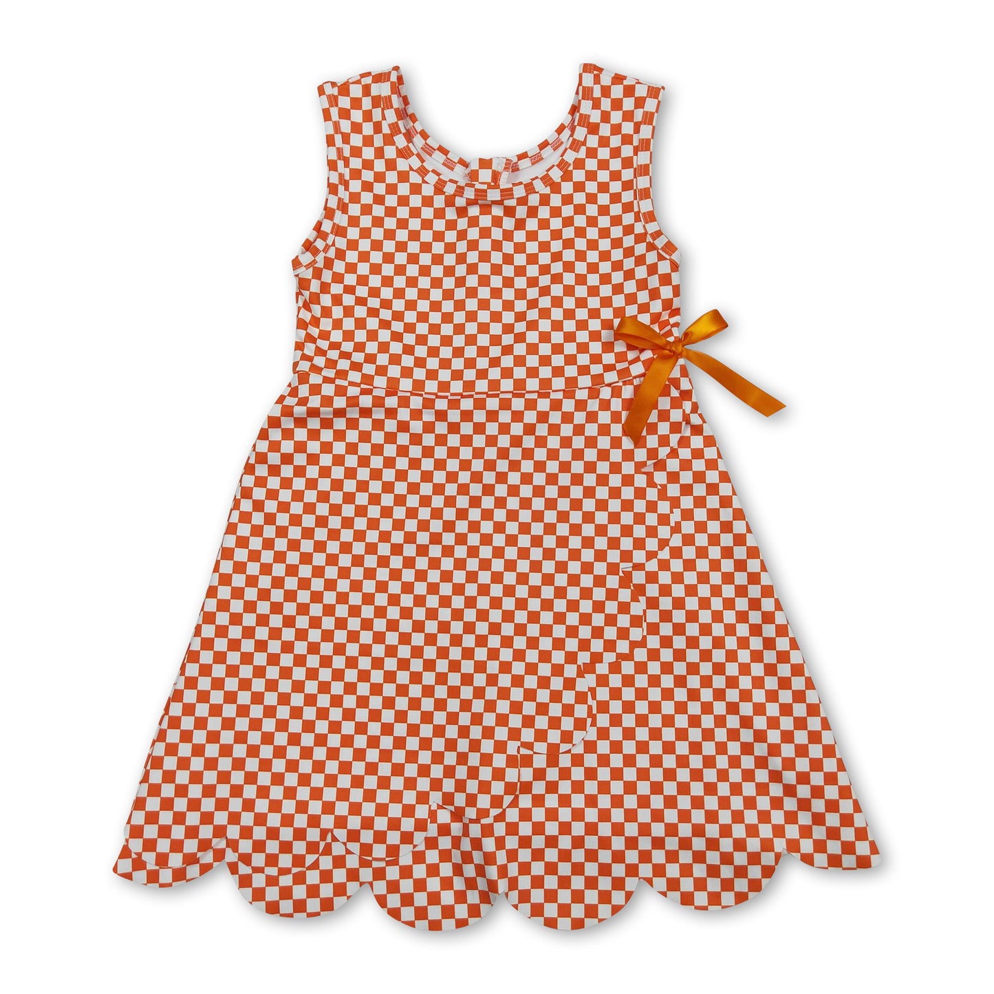 Sleeveless orange plaid scallop kids girls athletic dress