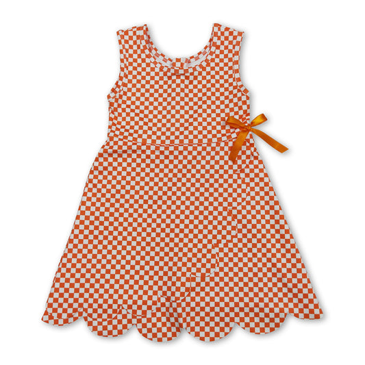 Sleeveless orange plaid scallop kids girls athletic dress