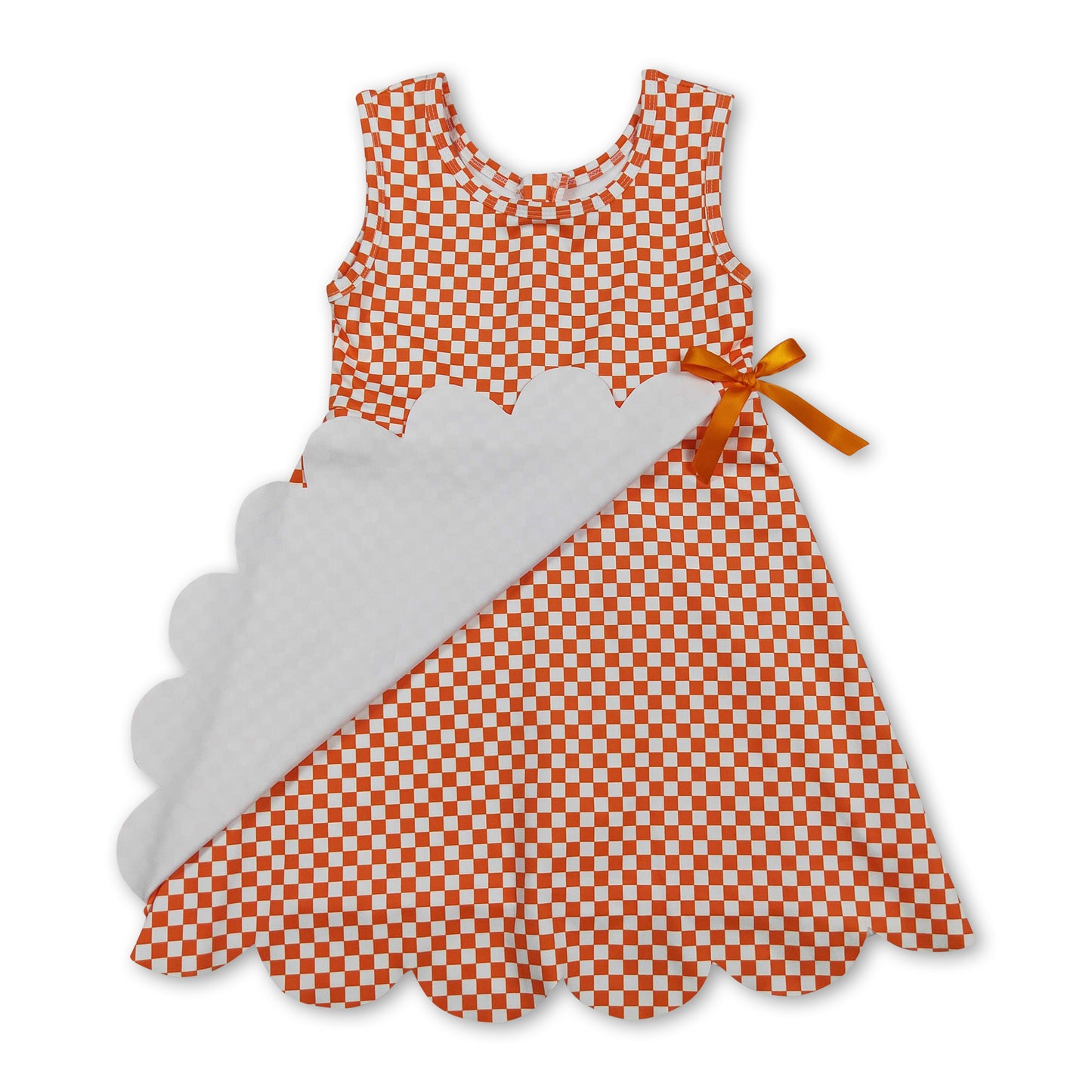Sleeveless orange plaid scallop kids girls athletic dress