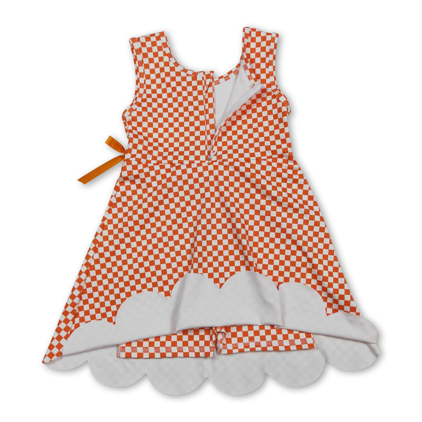 Sleeveless orange plaid scallop kids girls athletic dress