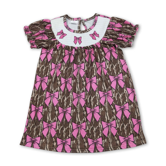Short sleeves bow smocked camo baby girls dresses