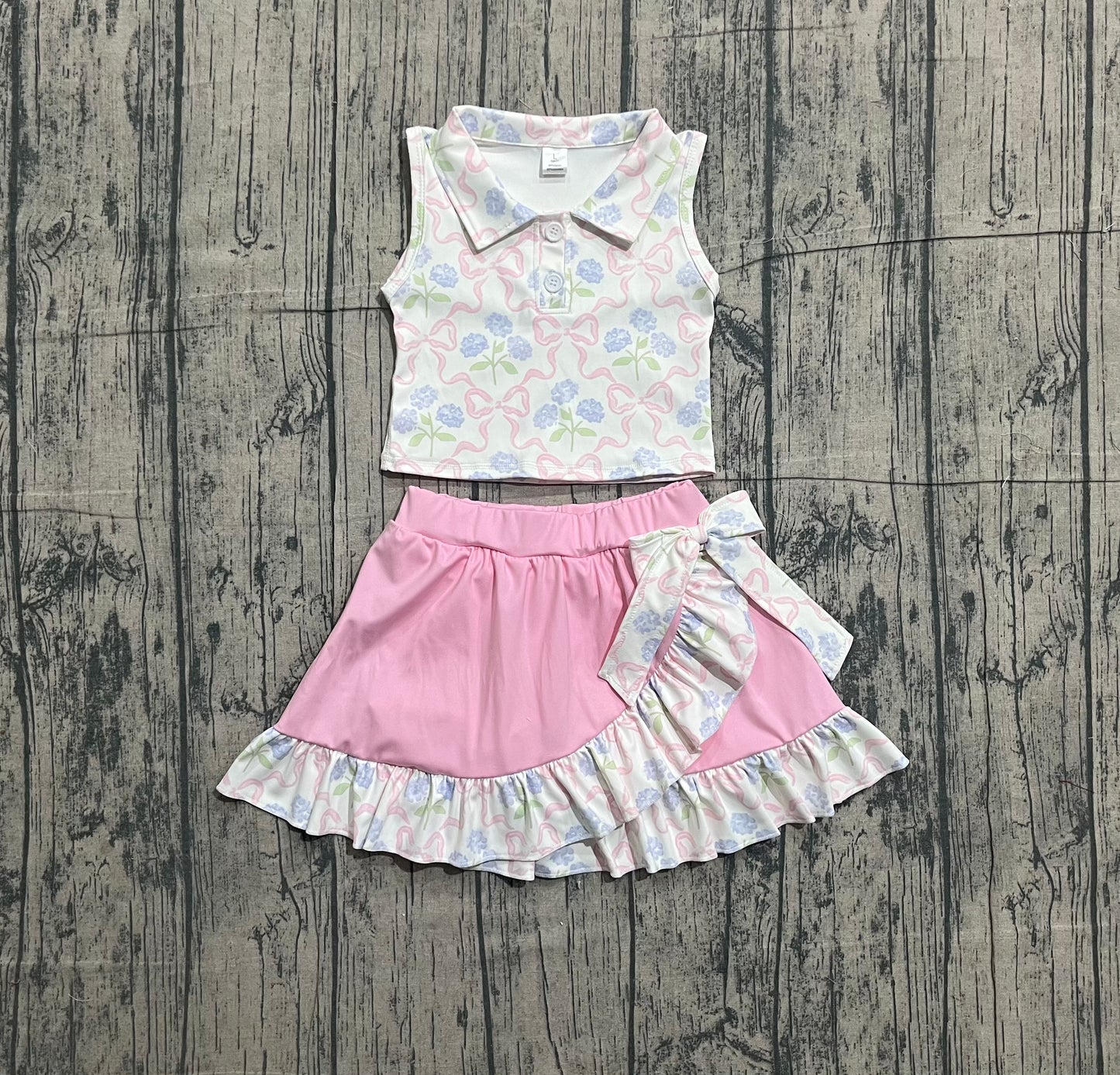 Sleeveless bow floral top ruffle skirt girls activewear set