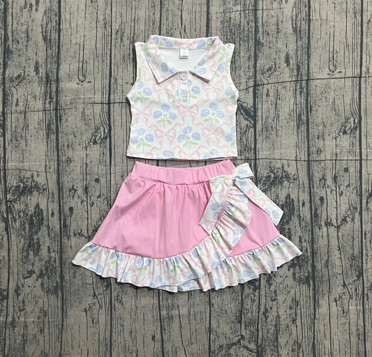 Sleeveless bow floral top ruffle skirt girls activewear set