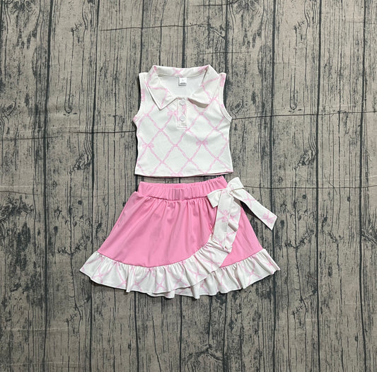 Sleeveless pink bow top ruffle skirt girls activewear set