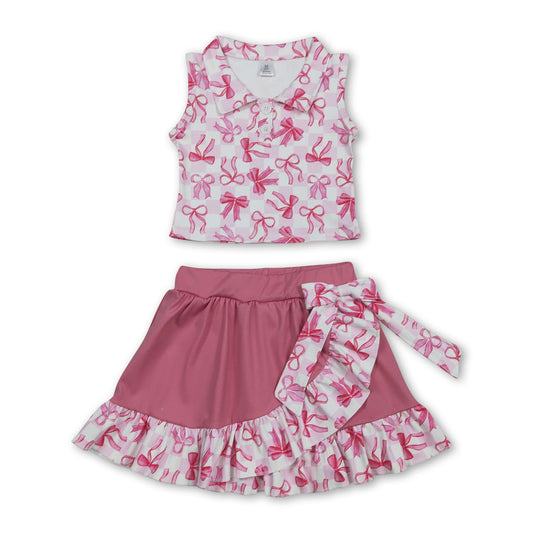 Sleeveless plaid bow top ruffle skirt girls activewear set
