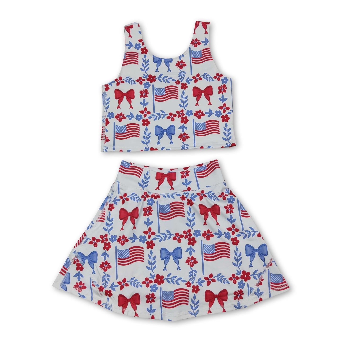 Sleeveless floral bow flag top skirt girls 4th of july active set