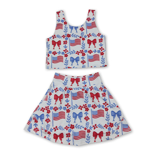 Sleeveless floral bow flag top skirt girls 4th of july active set