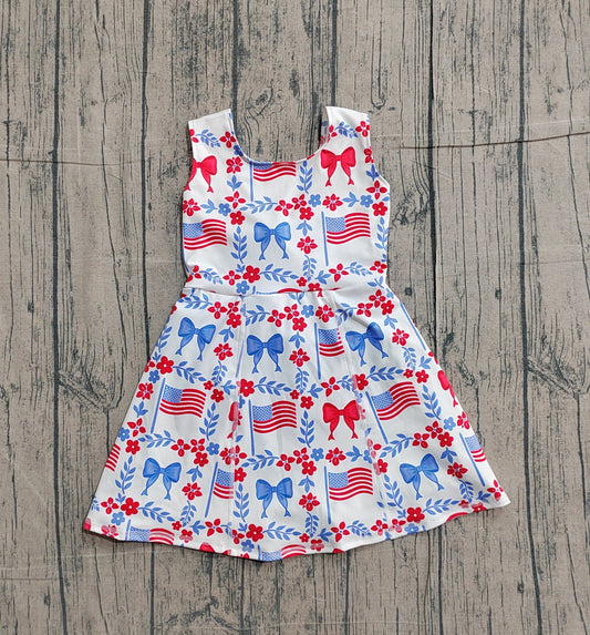 Sleeveless floral flag bow girls 4th of july athletic dresses