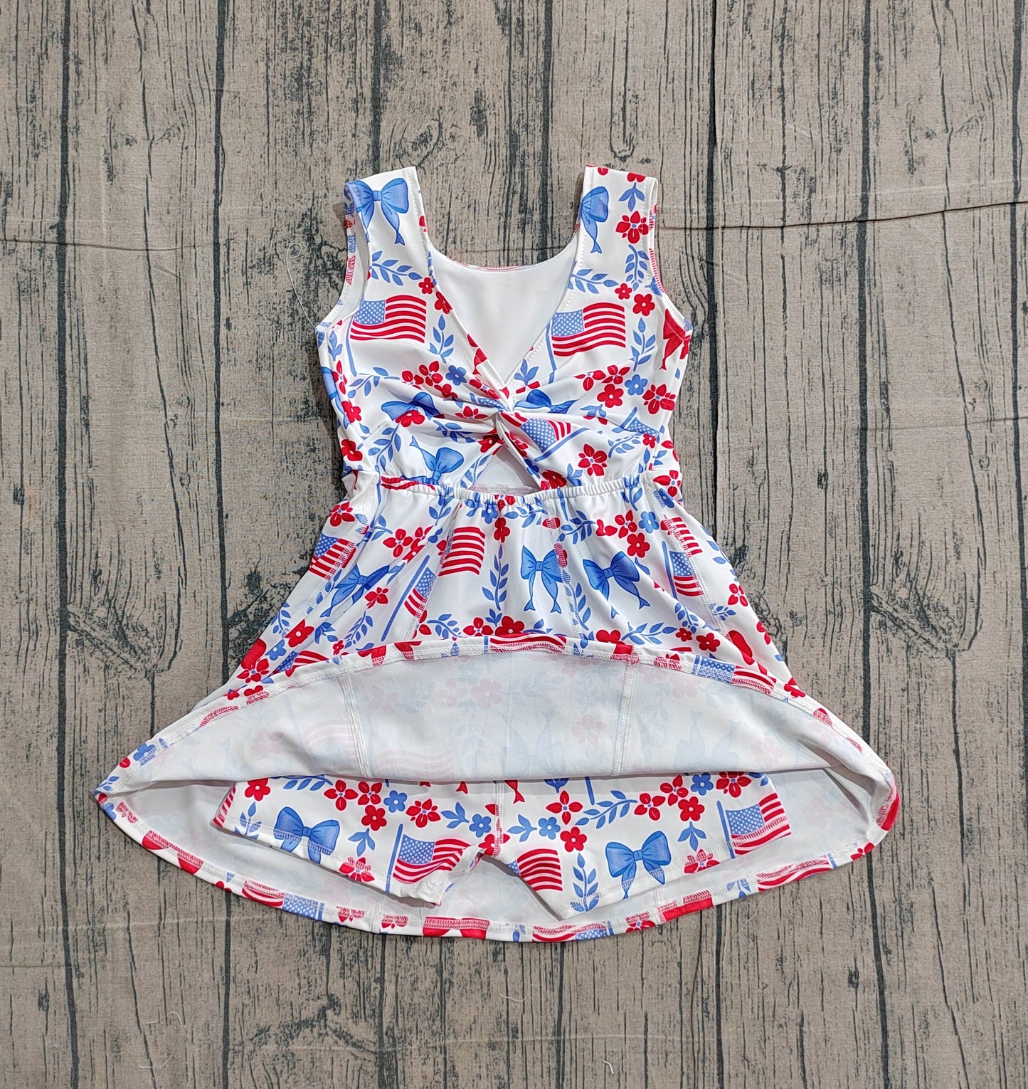 Sleeveless floral flag bow girls 4th of july athletic dresses