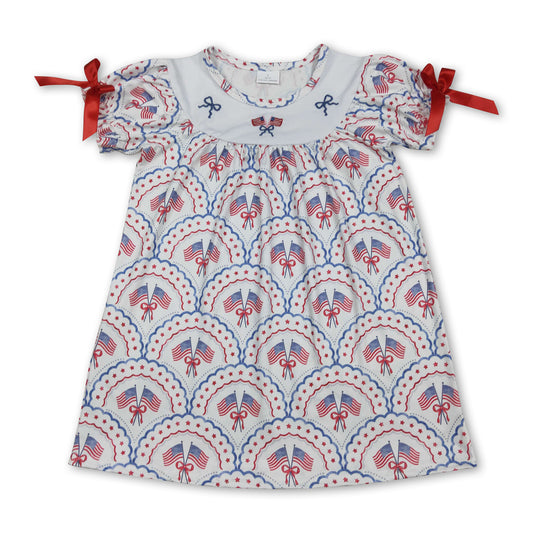 Short sleeves flag bow embroidery girls 4th of july dresses