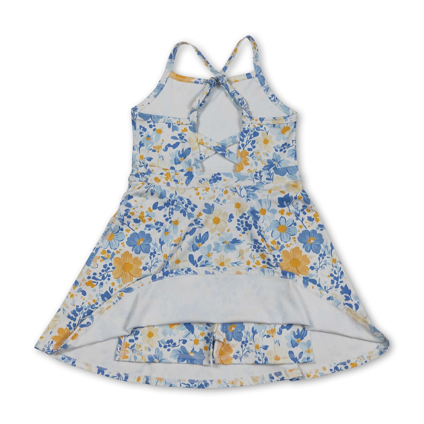 Straps blue yellow floral kids girls athletic dresses
