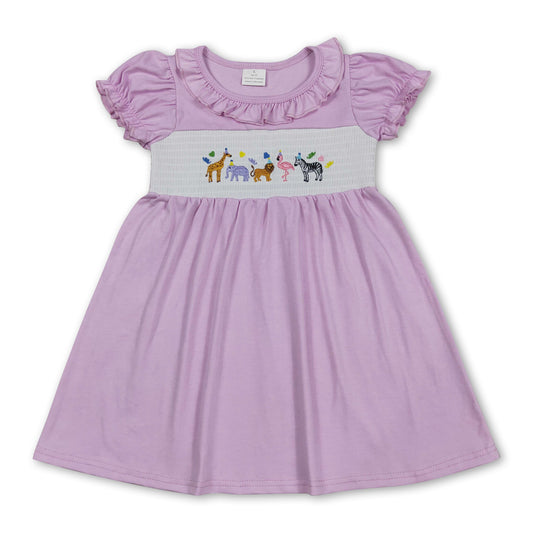 Short sleeves animal smocked happy birthday girls dress