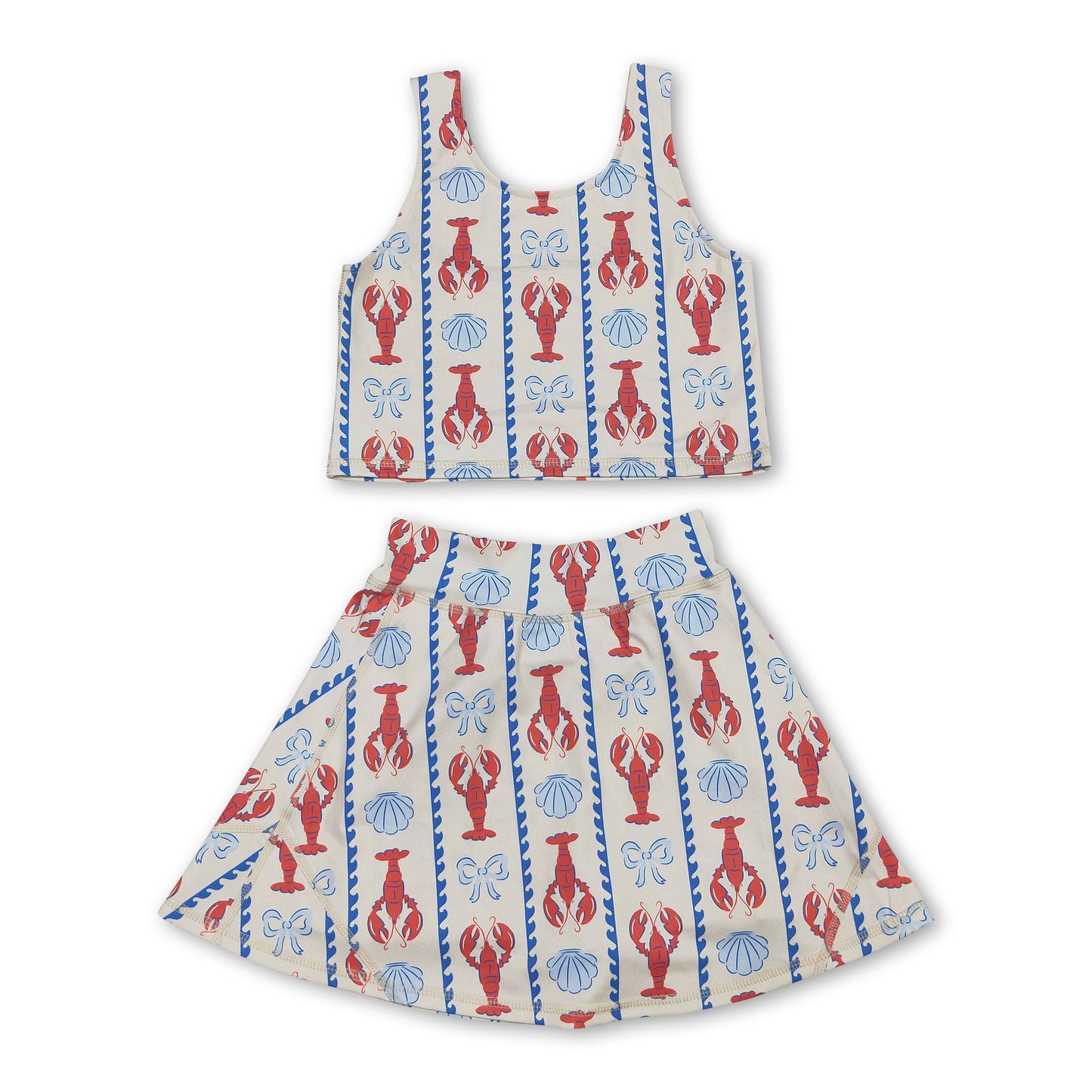 Sleeveless crawfish bow top skirt girls active wear set