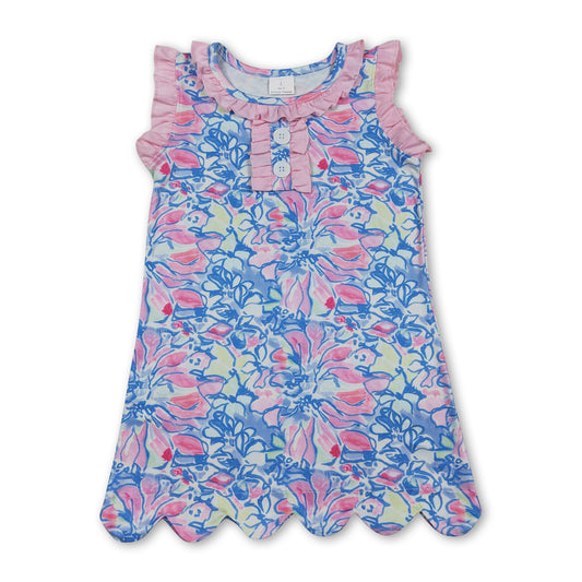 Pink ruffle blue floral kids girls summer dresses