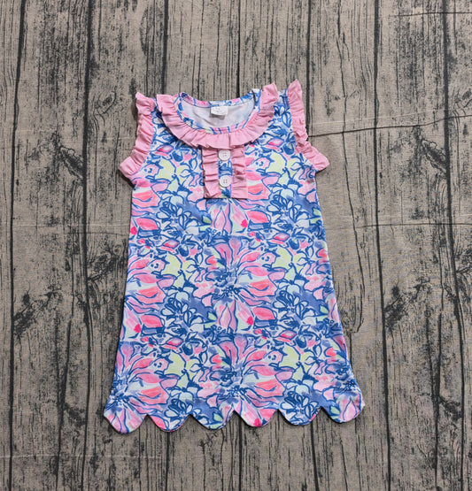 Pink ruffle blue floral kids girls summer dresses