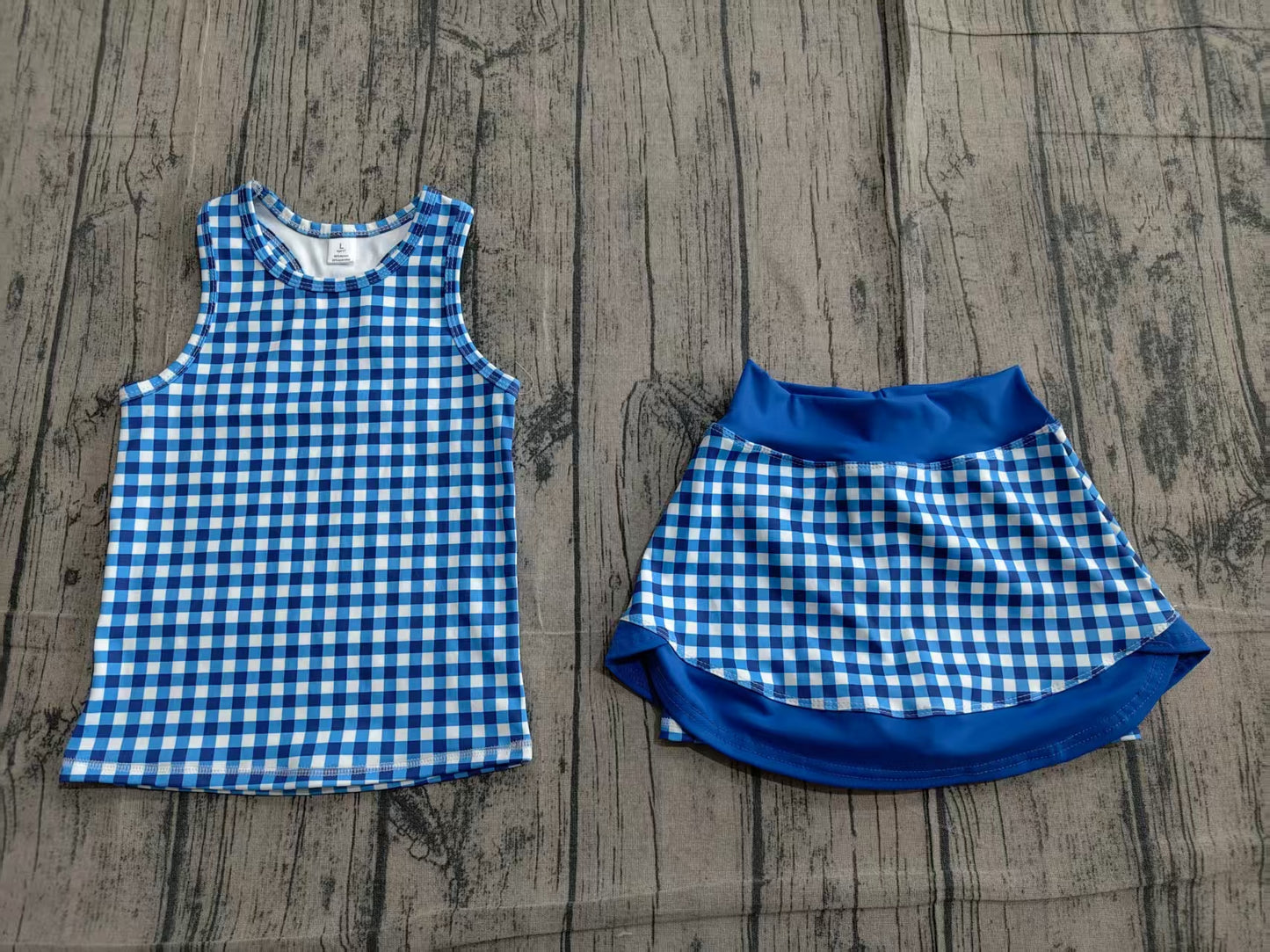 Sleeveless blue plaid top skirt kids girls active set