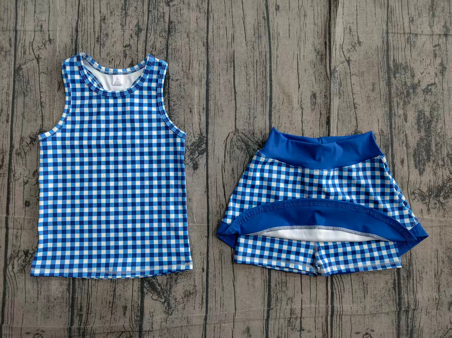 Sleeveless blue plaid top skirt kids girls active set