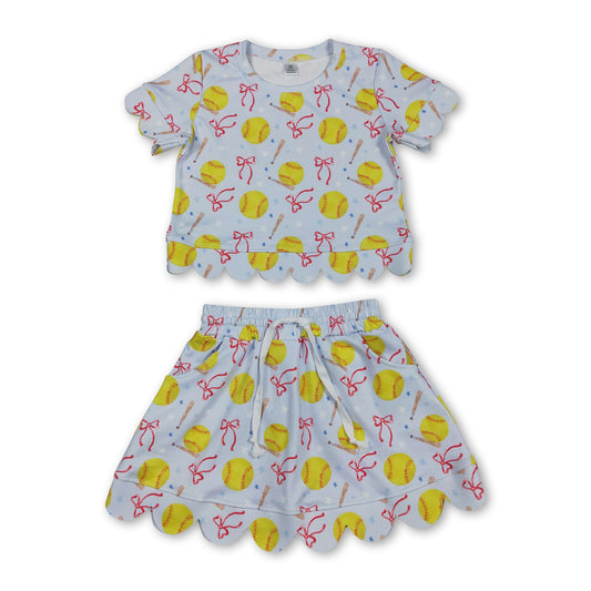 Short sleeves softball bow scallop top skirt girls active outfit