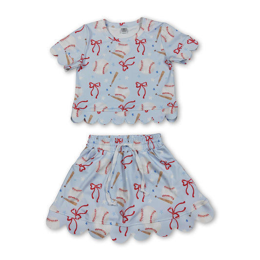 Short sleeves baseball bow scallop top skirt girls active outfit