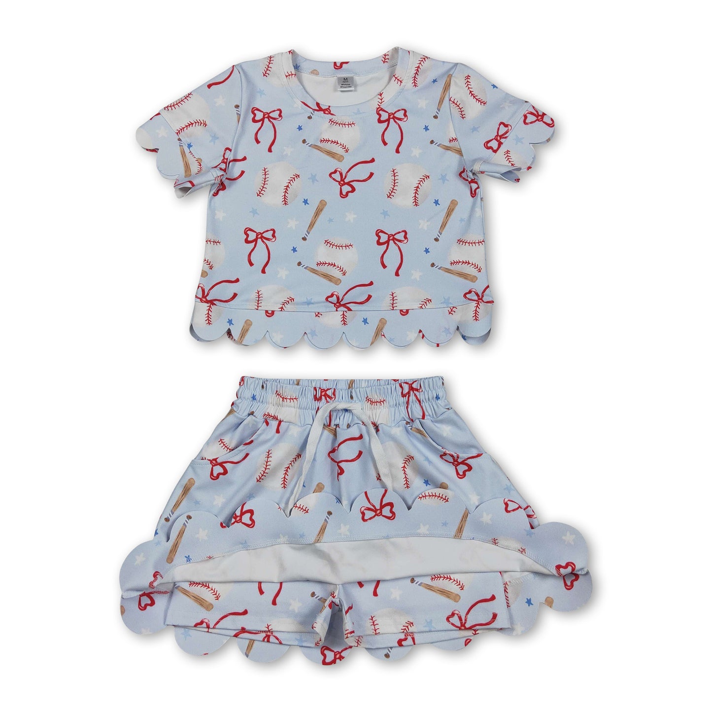 Short sleeves baseball bow scallop top skirt girls active outfit