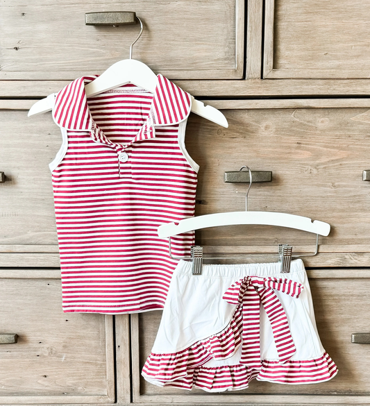 Sleeveless red stripe polo top skirt girls team active outfit