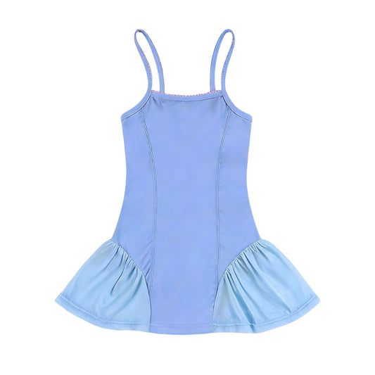 Straps light blue patchwork kids girls summer athletic dresses