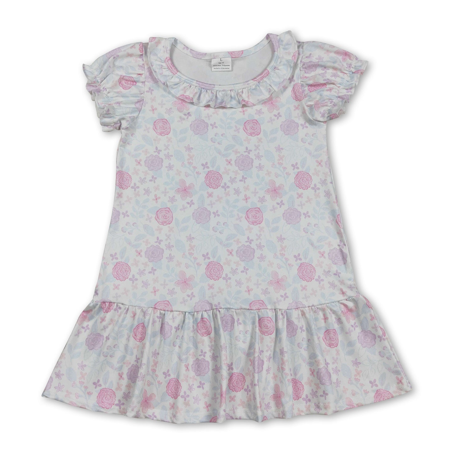 Short sleeves pink lavender floral ruffle girls dress