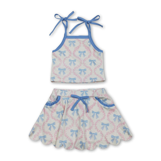Light blue straps bow top skirt kids girls active outfits