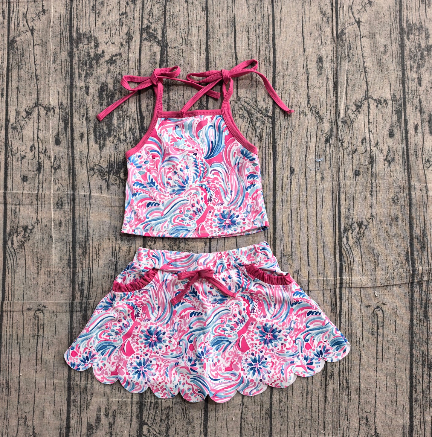 Hot pink straps watercolor top skirt kids girls active outfits