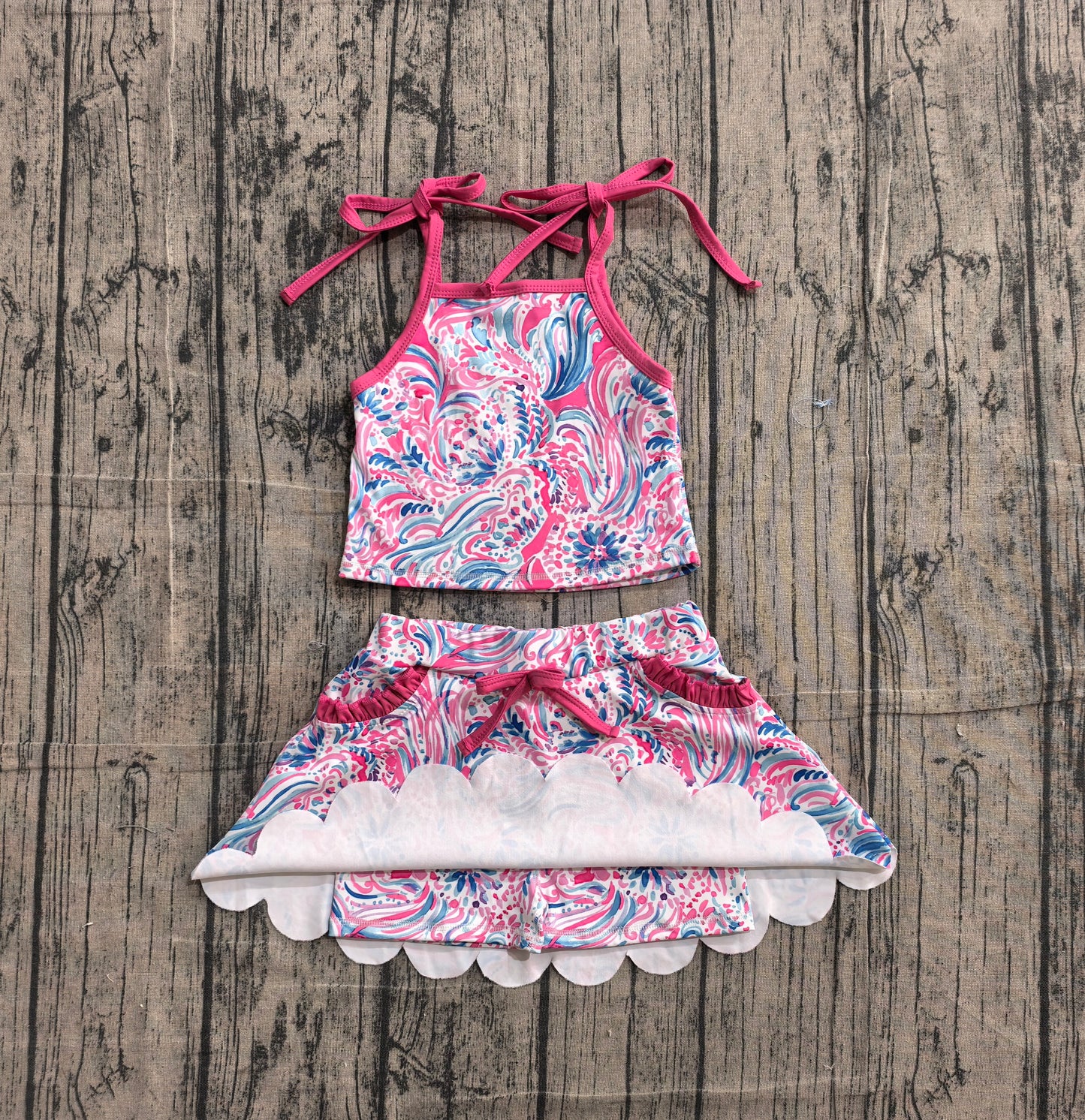 Hot pink straps watercolor top skirt kids girls active outfits