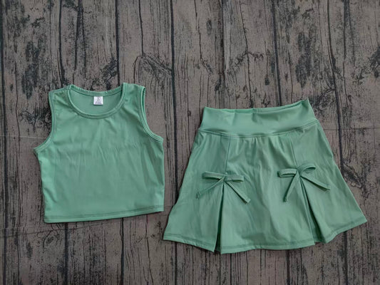 Sleeveless green crop top bow skirt kids girls summer active set