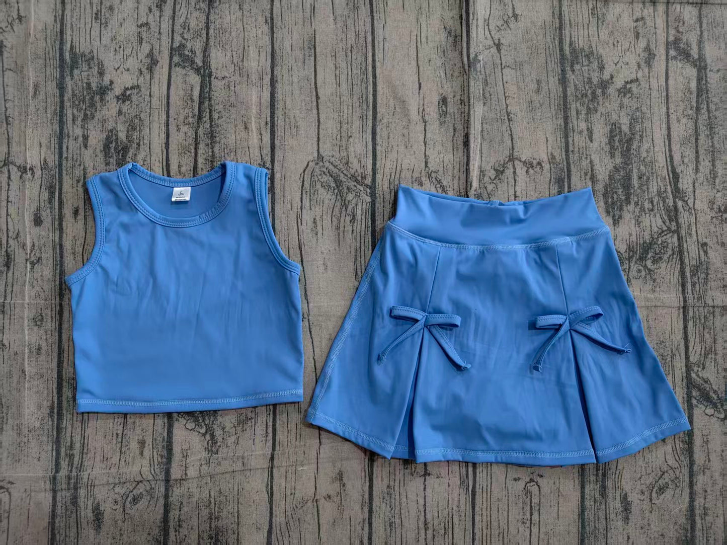 Sleeveless blue crop top bow skirt kids girls summer active set