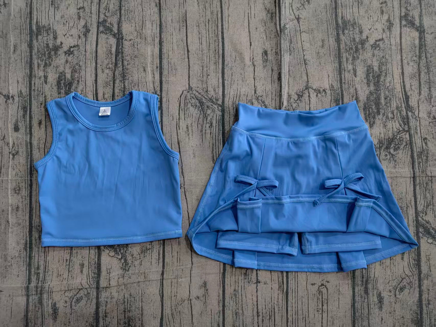 Sleeveless blue crop top bow skirt kids girls summer active set