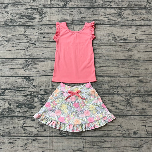 Sleeveless ruffle peach top floral skirt girls active wear set