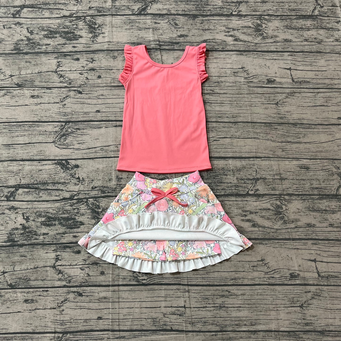 Sleeveless ruffle peach top floral skirt girls active wear set