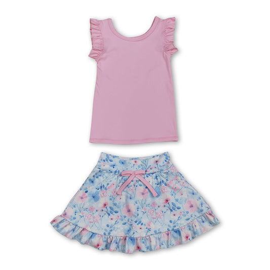 Sleeveless pink top floral skirt girls active wear set